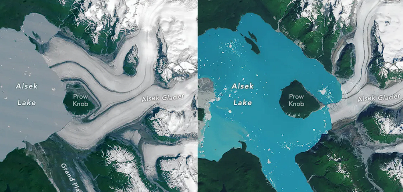 ÐÐ·ÐµÑÐ¾ Ð¸ Ð»ÐµÐ´Ð½Ð¸Ðº ÐÐ»ÑÐµÐº Ð² Ð¸ÑÐ»Ðµ 1984 Ð³Ð¾Ð´Ð° (ÑÐ»ÐµÐ²Ð°) Ð¸ Ð°Ð²Ð³ÑÑÑÐµ 2025 Ð³Ð¾Ð´Ð° (ÑÐ¿ÑÐ°Ð²Ð°). Ð¤Ð¾ÑÐ¾ - NASA Earth Observatory